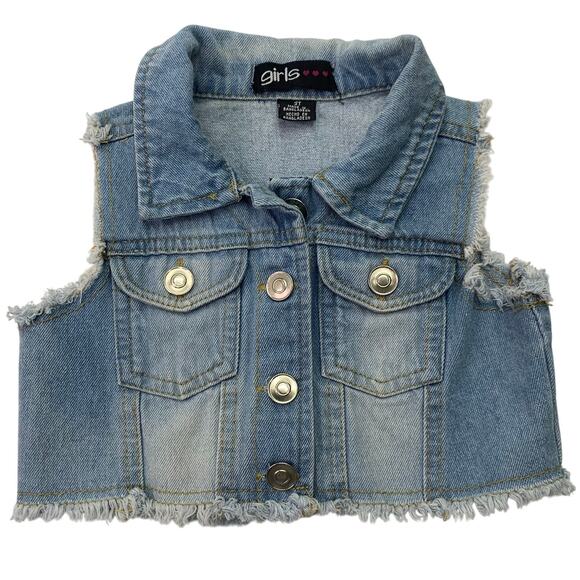 Girls 3T Toddlers Denim Jean Vest Faded Cowgirl Fringe Hem Sleeveless Jacket - Picture 1 of 5